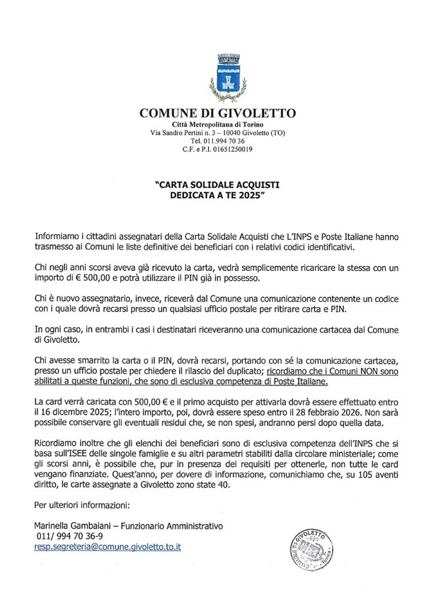Carta Solidale acquisti dedicata a te 2025