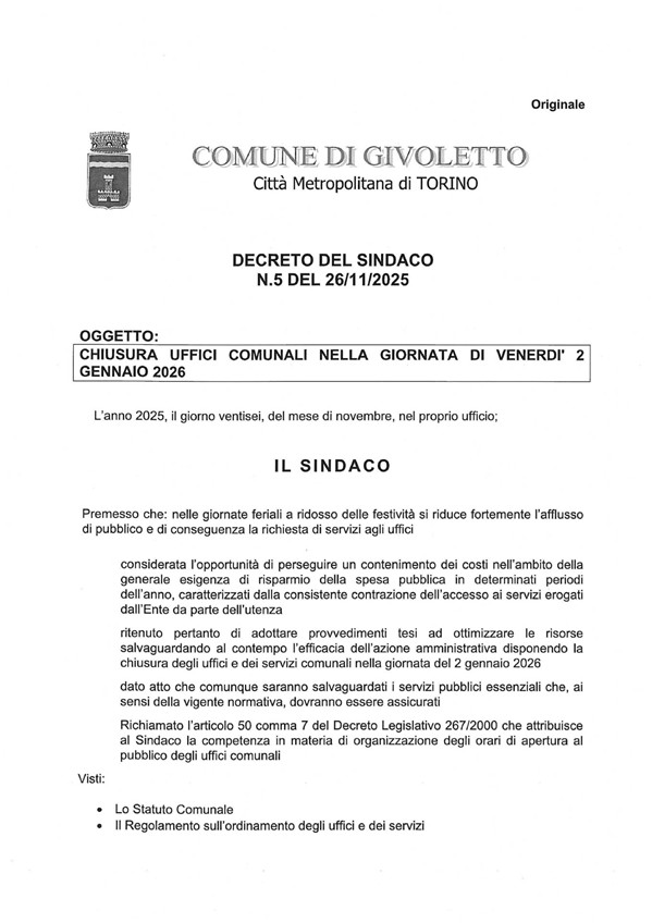 Decreto n.5 - chiusura Comune
