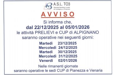 Giorni apertura Prelievi e CUP Alpignano in vista delle festività
