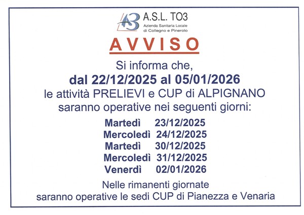 Giorni apertura Prelievi e CUP Alpignano in vista delle festività