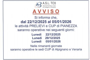 Giorni apertura Prelievi e CUP Pianezza in vista delle festività