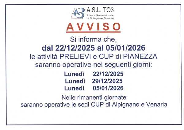 Giorni apertura Prelievi e CUP Pianezza in vista delle festività