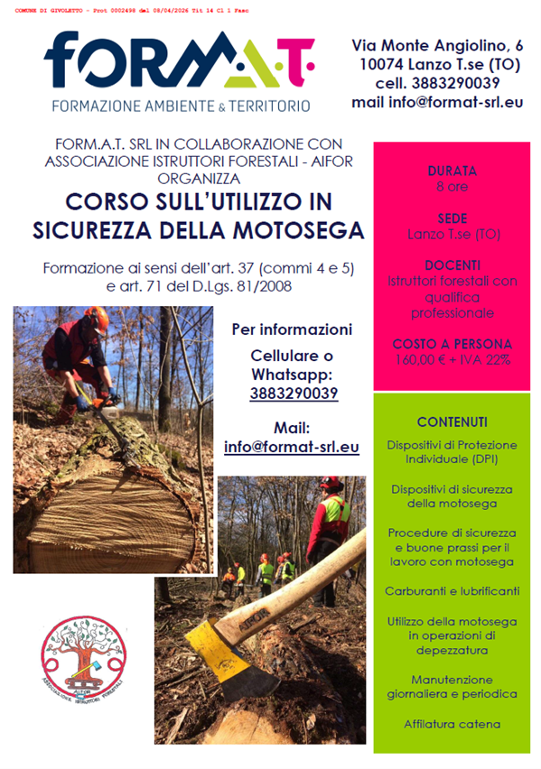 Corso utilizzo in sicurezza della motosega - 30/04/2026 a Lanzo Torinese
