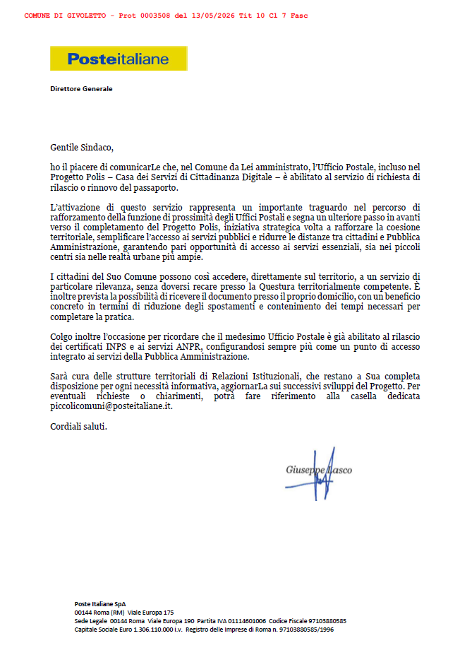 Servizio di richiesta di rilascio o rinnovo del Passaporto elettronico in Ufficio Postale