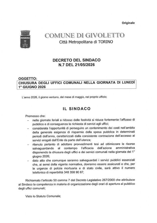 decreto del Sindaco: chiusura Uffici Comunali del 1 giugno
