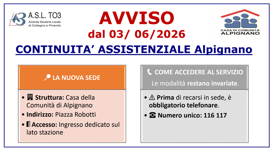 Continuità Assistenziale Alpignano: 3/6 Presso Casa della Comunità